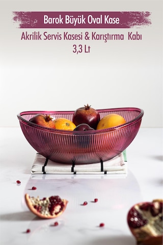 Akrilik Barok Mürdüm Büyük Oval Meyve & Salata Kasesi & Karıştırma Kabı / 3,3 Lt Cam Değildir Çok Renkli