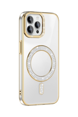 Apple Uyumlu iPhone 12 Pro Kılıf Pırlanta Taş Tasarımlı M-safe Şarj Özellikli Karetta Silikon Kapak Gold