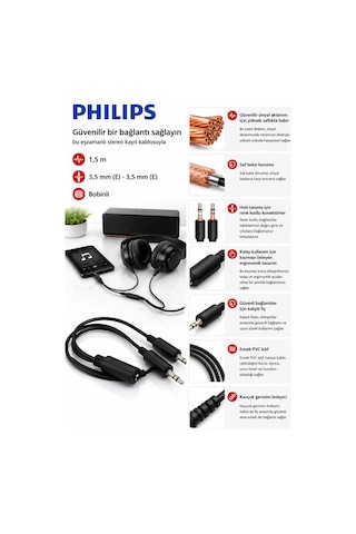 Philips Swa2529w/10 3.5mm Aux Stereo Ses Kablosu 1.5 Metre Erkek-erkek Jack Audio Kablo