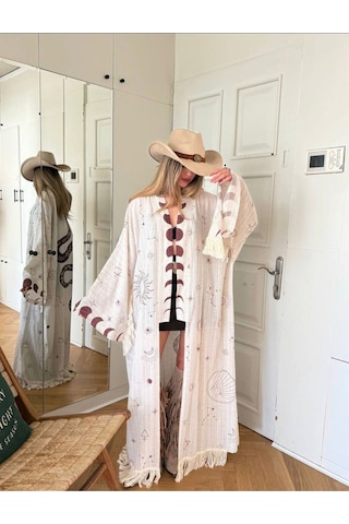 Dıe&more Trend Minimal Desenli Oversize Kimono Bej
