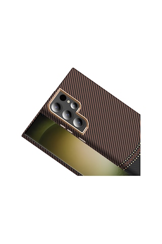 Galaxy S23 Ultra Uyumlu Kılıf M-safe Şarj Özellikli Karbon Fiber Görünümlü App Gros Kapak - Gold-siyah