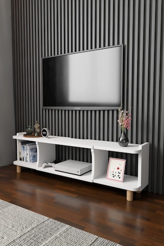 150 Cm Modern Tv Ünitesi Ayaklı Raflı Salon Oturma Odası Dekoratif Televizyon Sehpası Tv Sehpası Beyaz