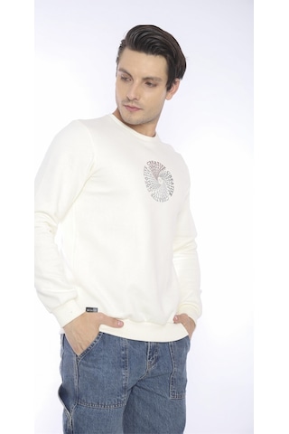 Escetic Erkek Spor Slimfit, Bisiklet Yaka Ekru Sweatshirt-4261 Ekru