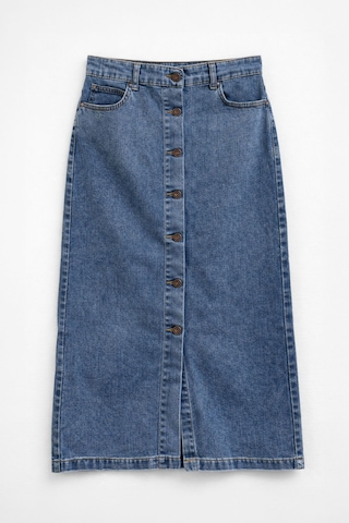 Blue White Önden Düğmeli Yüksek Bel Uzun Mavi Denim Etek