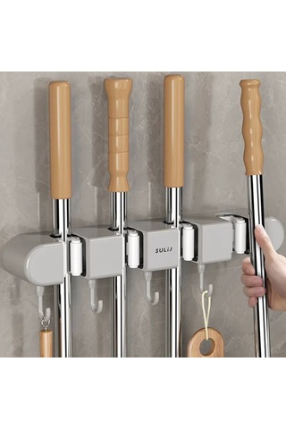 Suofeng Duvar Tipi Süpürge Tutucu - Deliksiz Kurulum, 4 Klem + 5 Kanca, Su Geçirmez, Yük Dayanımı 5kg, Banyo/mutfak Uygun, Gri Renk Gri