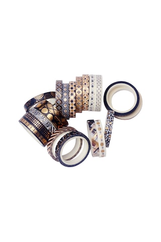 Vkemall 20'li Set Zarf, Fotoğraf Ve Defter Dekorasyonu İçin 7mm Kalınlıkta Siyah Altın Foil Desenli Washi Bantları