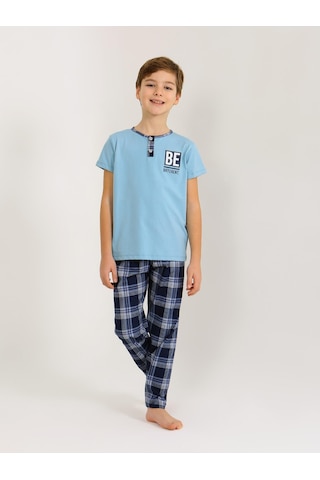 Vitmo Erkek Çocuk Kısa Kollu Düğme Detaylı %100 Pamuklu Pijama Takımı Be Mavi