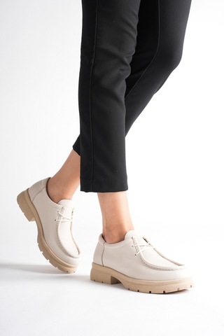 Analin Ayakkabı Kadın Hakiki Deri Light Tabanlı Bağcıklı Loafer Ayakkabı Krem
