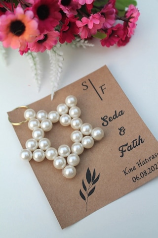 40 Adet Bohem Kartlı İnci Yıldız Anahtarlık - Nişan Hediyesi - Kı