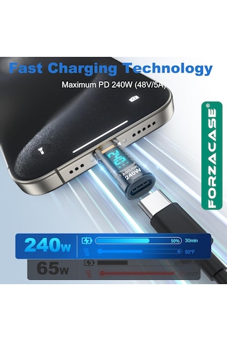 Forzacase 240w Pd 3.1 Hızlı Şarj 40gbps Data Veri Aktarıcı Dijital Ekranlı Type-c Adaptör - Fc1185 Şeffaf