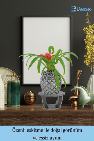 Ahşap Ayaklı Beton Saksı Büyük Boy 1 Adet Ananas Model - Gümüş Eskitme