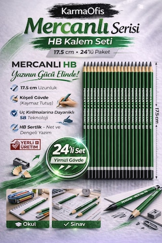 Mercanlı Hb Kurşun Kalem Yeşil Tek Renk 24 Adet, Köşeli Gövde, 17.5 Cm Yeşil 24lü