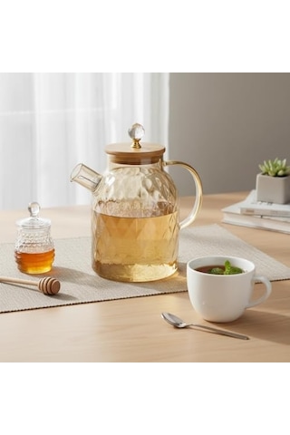 1600 Ml Desenli Isıya Dayanıklı Cam Demlik - Ahşap Kapaklı, Gold Detaylı Büyük Boy Borosilikat Çaydanlık 1