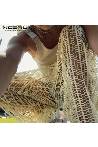 Incerun Artı Boyutu Erkek File Maxi Pantolon See Through Yaz Örgü Tatil Rahat Gevşek Katı Uzun Pantolon Bej