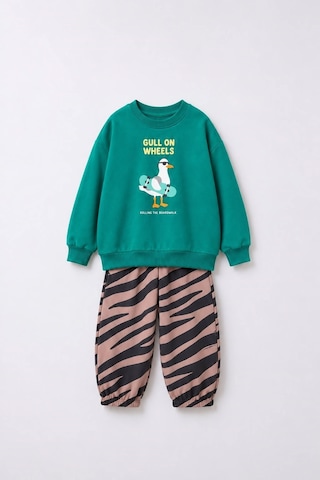 Magu Çocuk Pamuklu Oversize Baskılı Yeşil Sweatshirt Ve Desenli Eşofman Altı Takımı