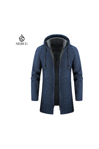 Erkek Sonbahar/kış Orta Boy Kapüşonlu Hırka, Polar Astarlı Kalın Kazak, Erkek Uzun Kollu Örgü Lacivert