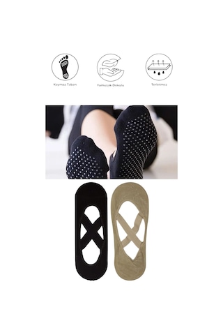 2 Adet Kadın Kaydırmaz Tabanlı Yoga Pilates Fitness Dans Ve Spor Çorabı Siyah - Bej