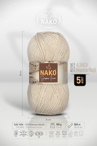 Süper İnci - 6383 Mantar Beji - 5'li Paket - 100gr/260m - El Örgü İpi - Atkı Yelek Kazak İpi