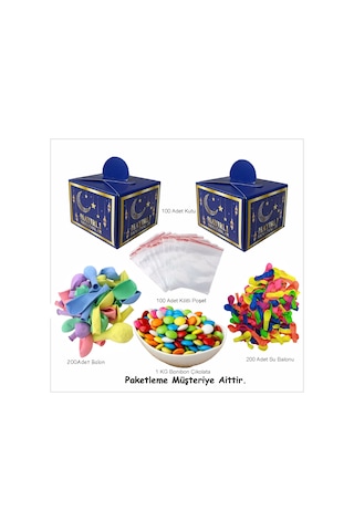 100'lü Hayırlı Ramazanlar Kutulu+100 Balon+100 Su Balonu+1 Kg Bonibon+100 Kilitli Poşetli Hediye Seti Tüm Yaşlar