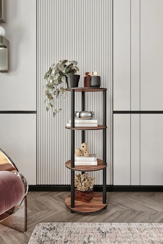 4 Katlı Dekoratif Yuvarlak Kitaplık Ceviz Ceviz