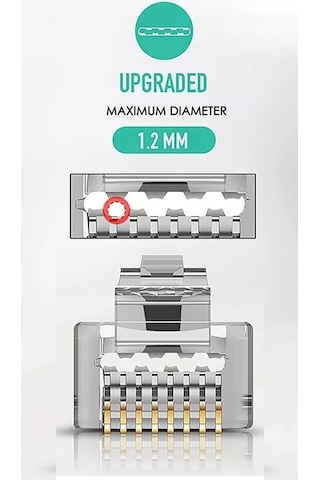100 Adet - Rj45 Cat6 Metal Ez Yeni Nesil Delikli Konnektör - Çapraz Pinli Easy Type