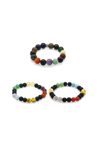Küre Kesim Multicolor Doğaltaş Kombinli Erkek-kadın-çocuk Başarı Bilekliği 3lü Set Çok Renkli