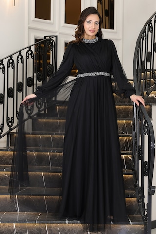 Senna Taş Detaylı Büyük Beden Şık Tesettür Abiye Siyah