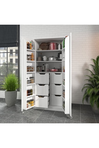 90 Derece Açılabilir 2 Kapaklı, 6 Çekmeceli, Kavanoz Raflı Kiler Ve Erzak Mutfak Dolabı Beyaz