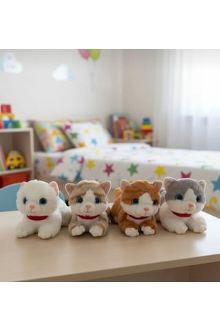 Sevimli Kedi Peluş Yavru Kedi Sesli Miyavlayan Peluş Kedi Uyku Arkadaşı 30 Cm Gri