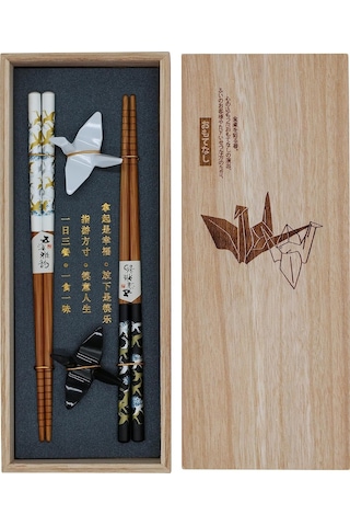 Home London Breeze Origami Temalı Sushi Yemek Çubuğu Seti, 2 Çift, Altlıklı, Ahşap Kutuda Çatallar Kahverengi
