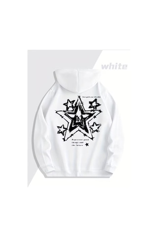 Nevermınd Yıldız Desenli Baskılı Hoodie - Trend Sevgili Kombini Oversize 3 İplik Sweatshirt 2'li Set Beyaz Beyaz