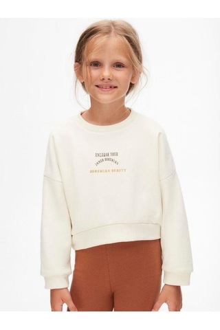 Kız Çocuk Pamuklu İki İplik Bohem Sweatshirt-14711 KREM