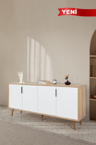 4815 Sırma 180 Cm Ahşap Ayaklı , Metal Kulplu Konsol , Safir - Beyaz , Oturma Odası , Salon Safir - Beyaz