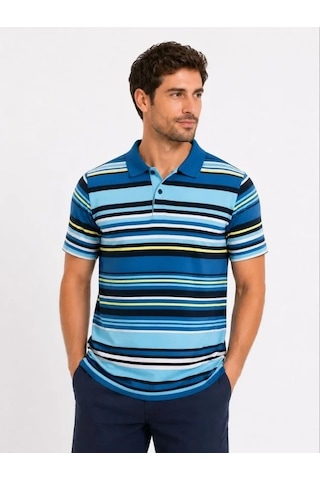 Defymoda Erkek Çizgili Polo Yaka Tişört Kısa Kol Yazlık T-shirt Regular Fit - Mavi
