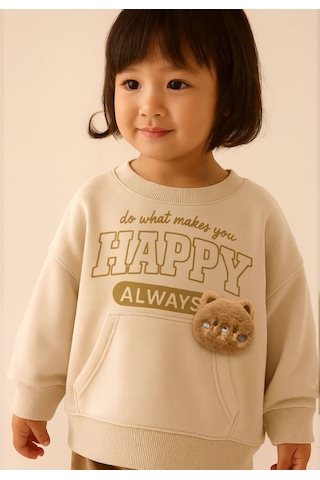 Kız Çocuk Peluş Teddy Bear Aplikeli Sweatshirt Bol Kesim Puantiye Eşofman Altı Takım Kahve