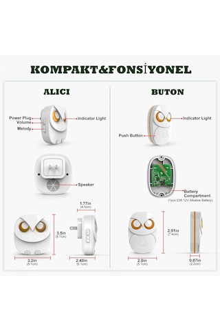 Techtic 1buton 1alıcı Kablosuz Kapı Zili Baykuş Şekilli Beyaz