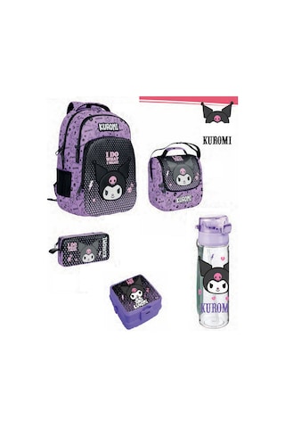 Kuromi İlk Okul Çanta Seti - Orjinal Lisanslı / Mor Siyah - Beslenme + Kutusu + Kalemlik + Suluk Set
