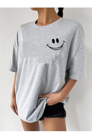 Smile Grafik T-shirt - Gri Baskılı Oversize Bisiklet Yaka Kısa Kol Tişört Gri