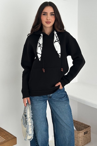 Noa & Noa Kadın Fular Detaylı Kapüşonlu Sweatshirt Casual Charm Siyah