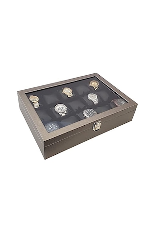 15 Li Diamond Gri Deri Ahşap Camlı Saat Kutusu St15-59
