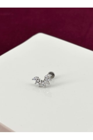 Oval Taş Detaylı Ve Yay Şekilli Silver Piercing Gümüş