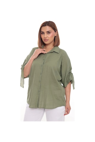 Lady Majestic Cotton Büyük Beden Kadın Pamuklu Gömlek Rahat Kesim, Düğmeli, Volan Kol Detaylı Haki