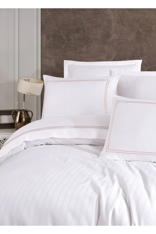 Dantela İmge Nakışlı Pamuk Saten Çift Kişilik Nevresim Tak-beyaz Beyaz