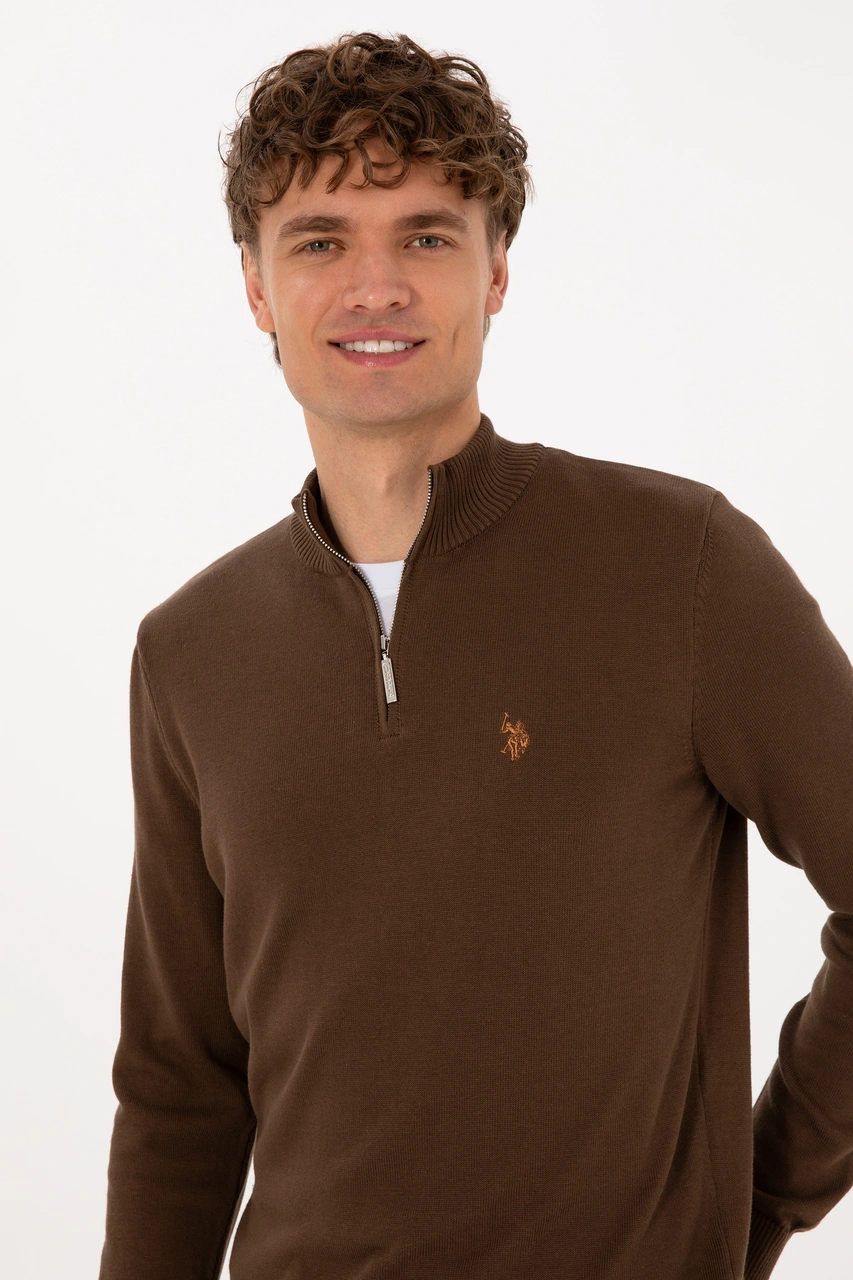U.S. Polo Assn. Erkek Slim Fit Yarım Fermuarlı Kahverengi Basic Kazak 50313695-VR029