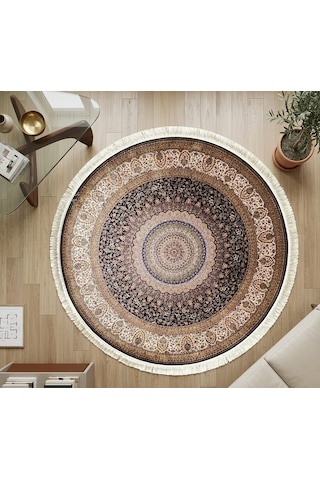 Minyatür 200 X 200 Yuvarlak İpek Halı Kahverengi