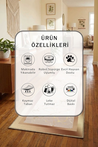 Manifesto Dijital Baskılı Kaymaz Yıkanabilir Yolluk Bej