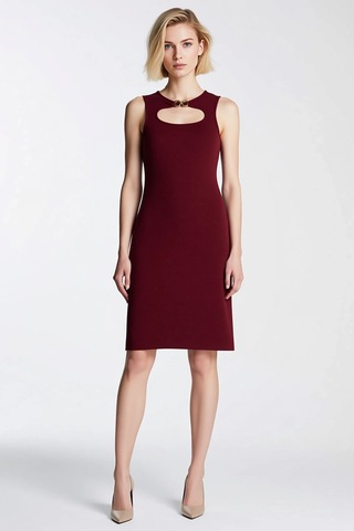 Benerly Kadın Bodycon Midi Elbise Havuz Yaka Kolsuz Aksesuar Detaylı Düz Bordo