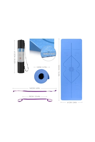 Ranyeek Tomshoo Mavi Tpe Yoga Matı 183x61x0.6cm - Vücut Hizalama Çizgileri, İki Yönlü Kaymazsız, Taşınabilir Set Çantası Ve Kayış İle Mavi