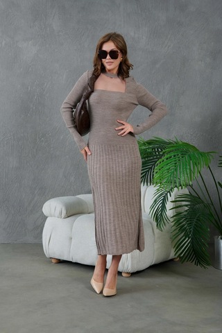 Kadın Bisiklet Yaka Tül Detay Maksi Boy Fitilli Triko Elbise Vizon