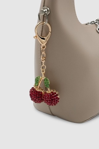 Wuclo Lobster Klipsli Taşlı Yeşil Yapraklı Kiraz Çanta Charmı Kırmızı